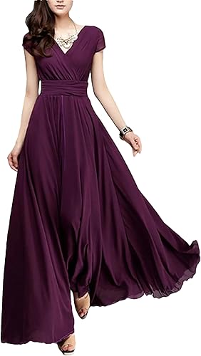 V-Neck Short-Sleeve Bohemian Chiffon Dress - Cinched Waist Tummy-Control Flowy Dress